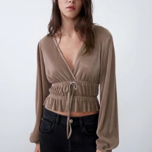 ZARA Balloon Sleeve Accordian Pleated Surplice Front Peplum Top, Taupe Color, S - Picture 13 of 14